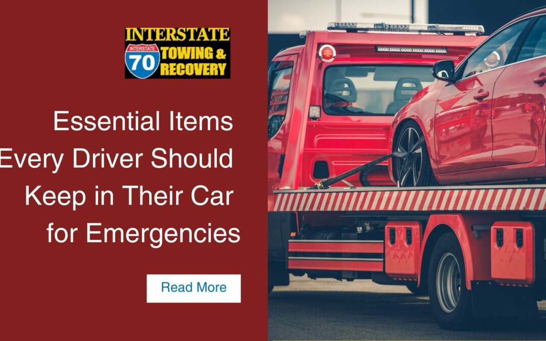 A broken car on a towing truck with the title “Essential Items Every Driver Should Keep in Their Car for Emergencies” and a “Read More” button.